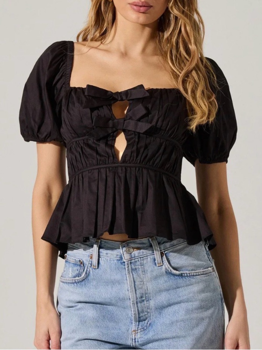 NWT Astr Black Puff-Sleeve Bow-Front Peplum Crop Top with Cutouts